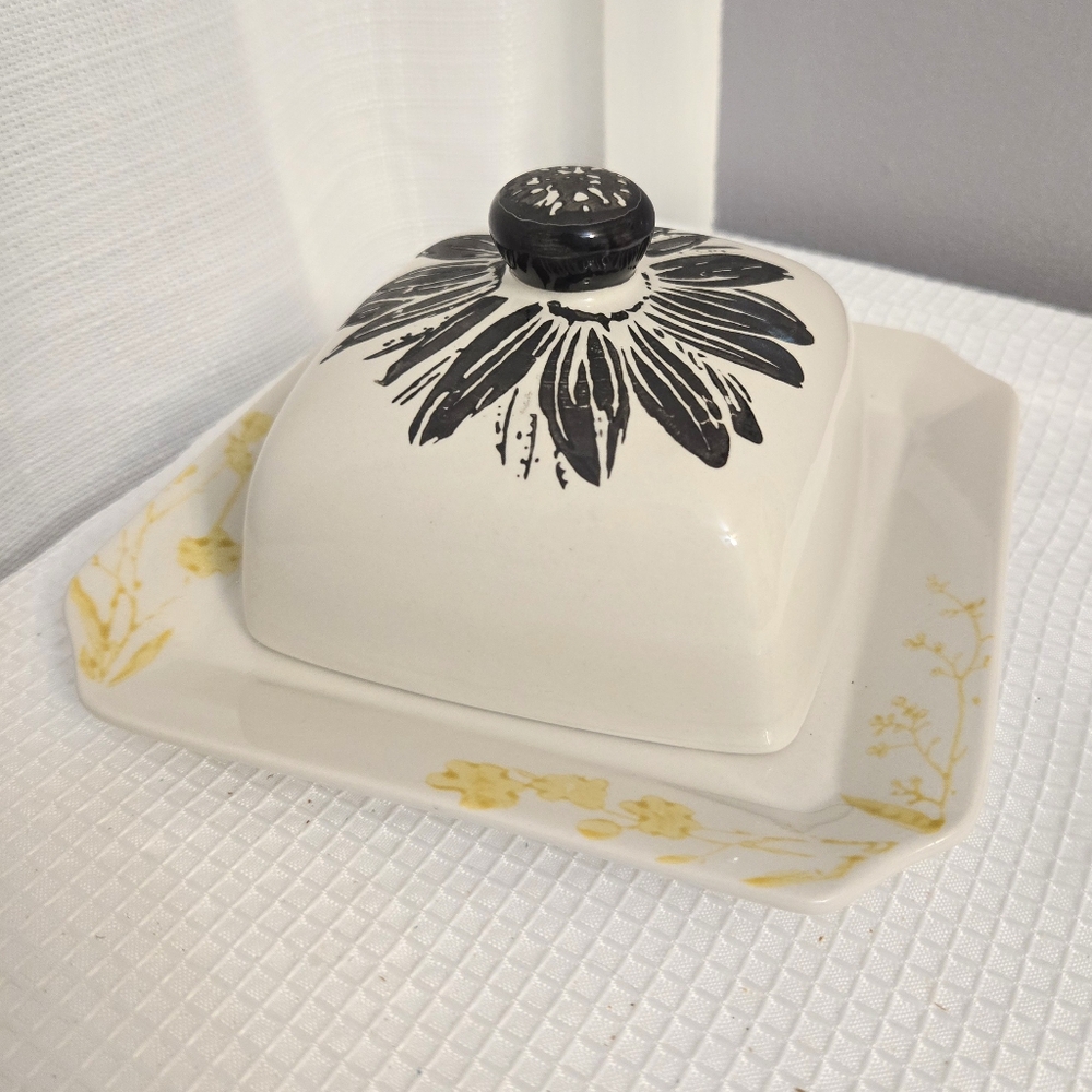Flower Covered Butter Cheese Plate Serving Dish Embossed Stoneware